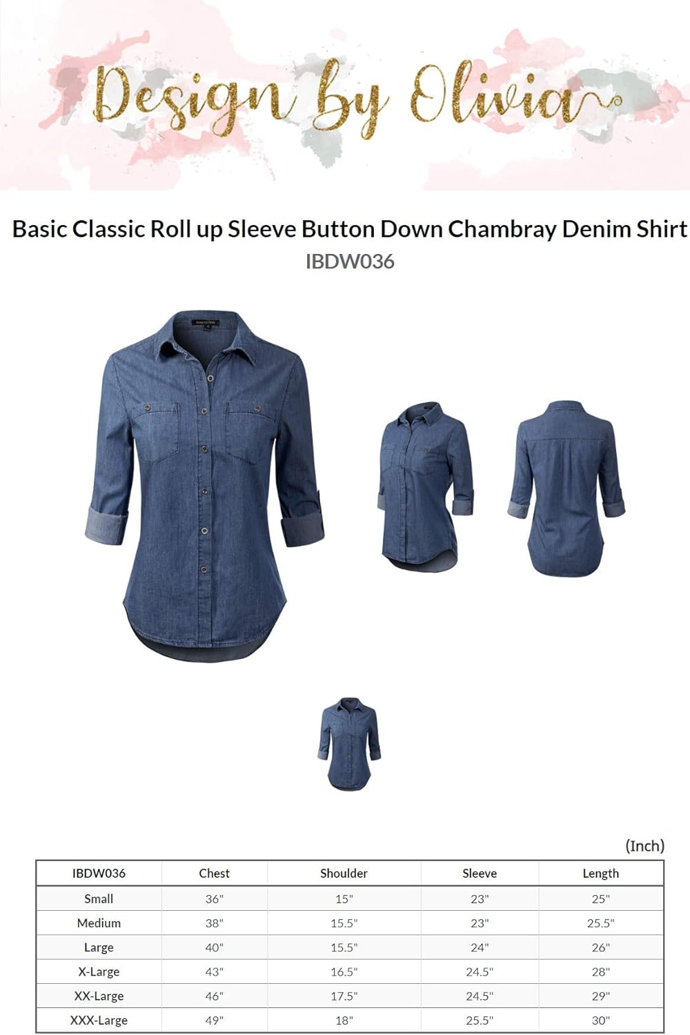 Design by Olivia Women's Basic Classic Roll up Sleeve Button Down Chambray Denim Shirt: Clothing