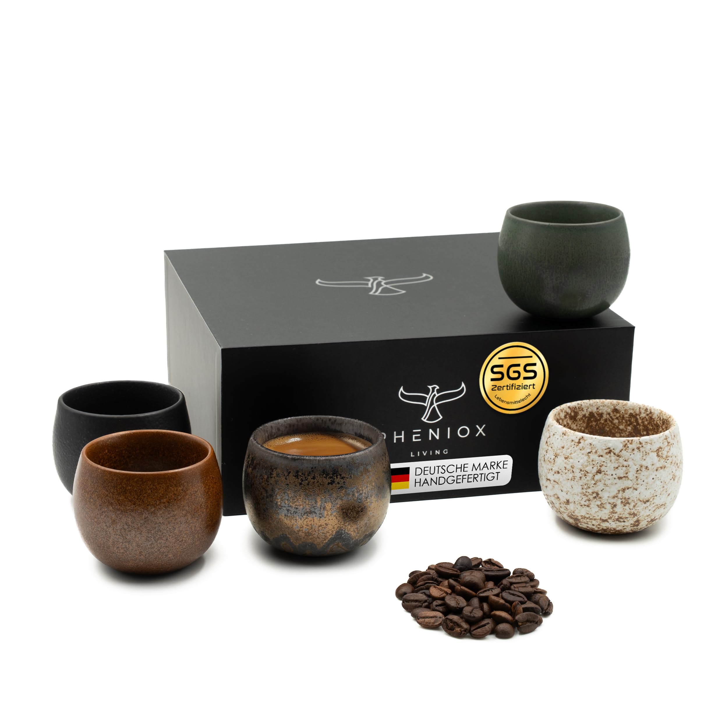 Pheniox Espresso Cups Set Timeout Mini | 5 x 50 ml - High-Quality Cups Made of Stoneware | Espresso Cups Set - Without Handle | Gift in Modern Design - Dishwasher Safe | Mocha | Tea | Sake