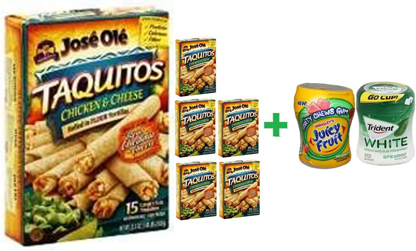 Jose Ole Chicken & Cheese Large Flour Taquitos - 22.5 Oz (6 PACK)+ Fruity Chews Gum Watermelon 1/60 Count + Trident Go Cup Spearmint 1/60 Count