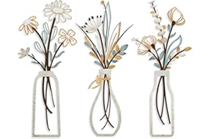 Pigort 3 Pieces Metal Flowers Wall Arts - Rustic Farmhouse Decor Beige Minimalist Flower Wall Decors for Living room Bathroom