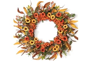 Dremisland Artificial Fall Floral Wreath 20 Inch Orange Daisy Wreath Fall Harvest Wreath for Front Door Autumn Wildflowers Ga