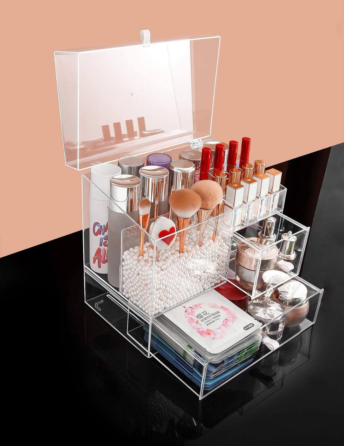 MOOCHI Clear Large Makeup Organizer Multifuncational Dust Free Water Proof Cosmetics Storage Drawers Display Case for Brushes Lipsticks Skin Care Jewelry - Pearls Not Included: Beauty