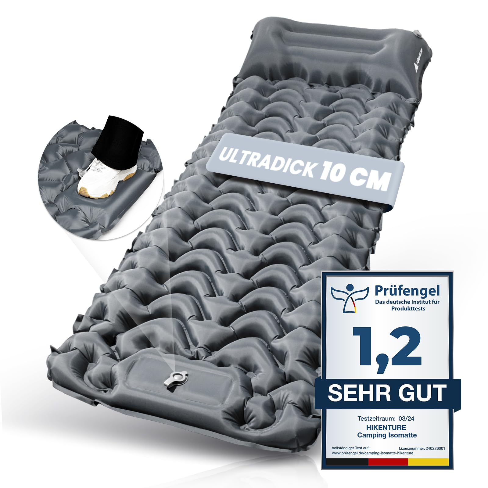 HIKENTURE A1 Self-Inflating Sleeping Mat, 10 cm Camping Air Mattress, Single, Grey, Water Repellent, 200 kg Capacity, Plush, With Foot Pump