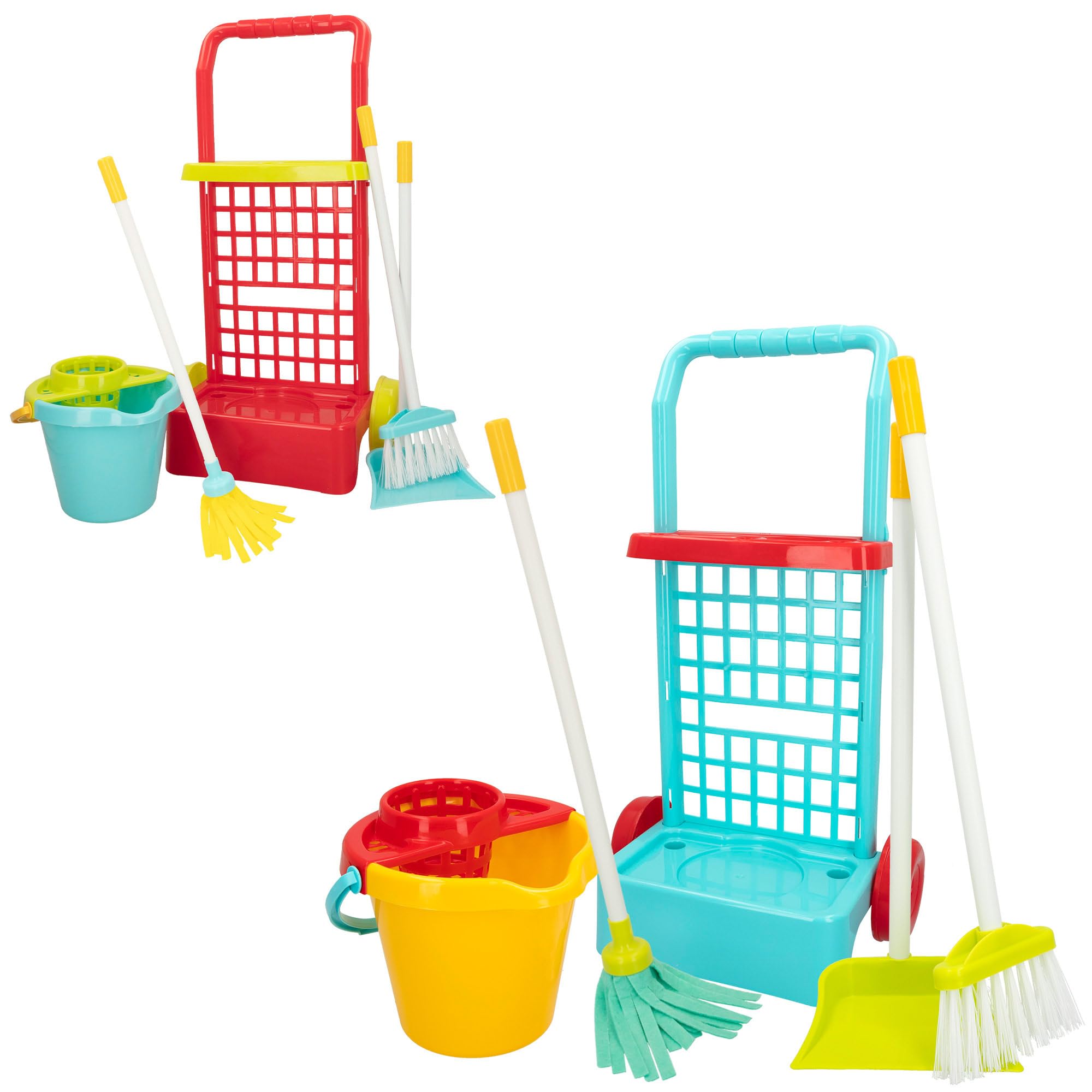 ColorBaby 40594 – Game Of Imitation, Cleaning Trolley with Bucket, Mop and Broom, Dustpan Blue bucket red