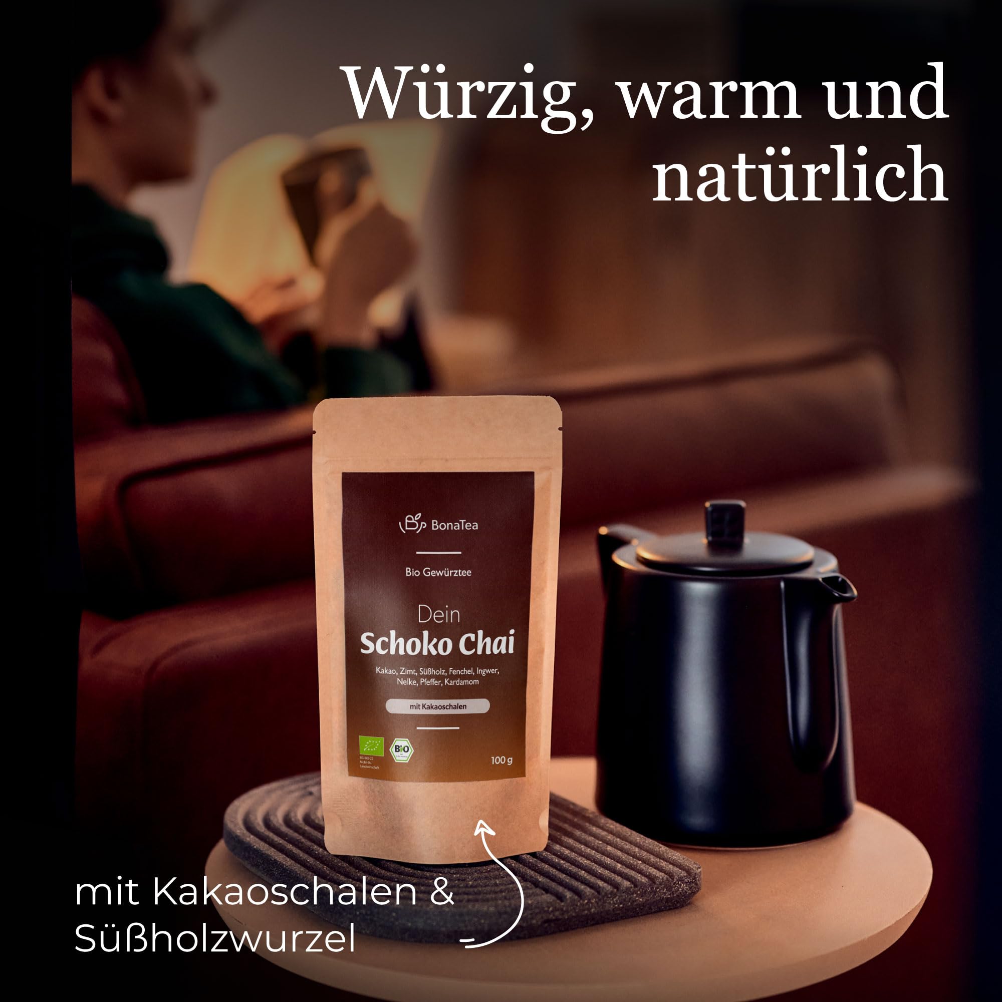 BIO Schoko-Chai Gewürztee ohne Zucker mit Kakaoschalen, Zimt, Süßholz und weiteren aromatischen Chai-Gewürzen, 100g 3