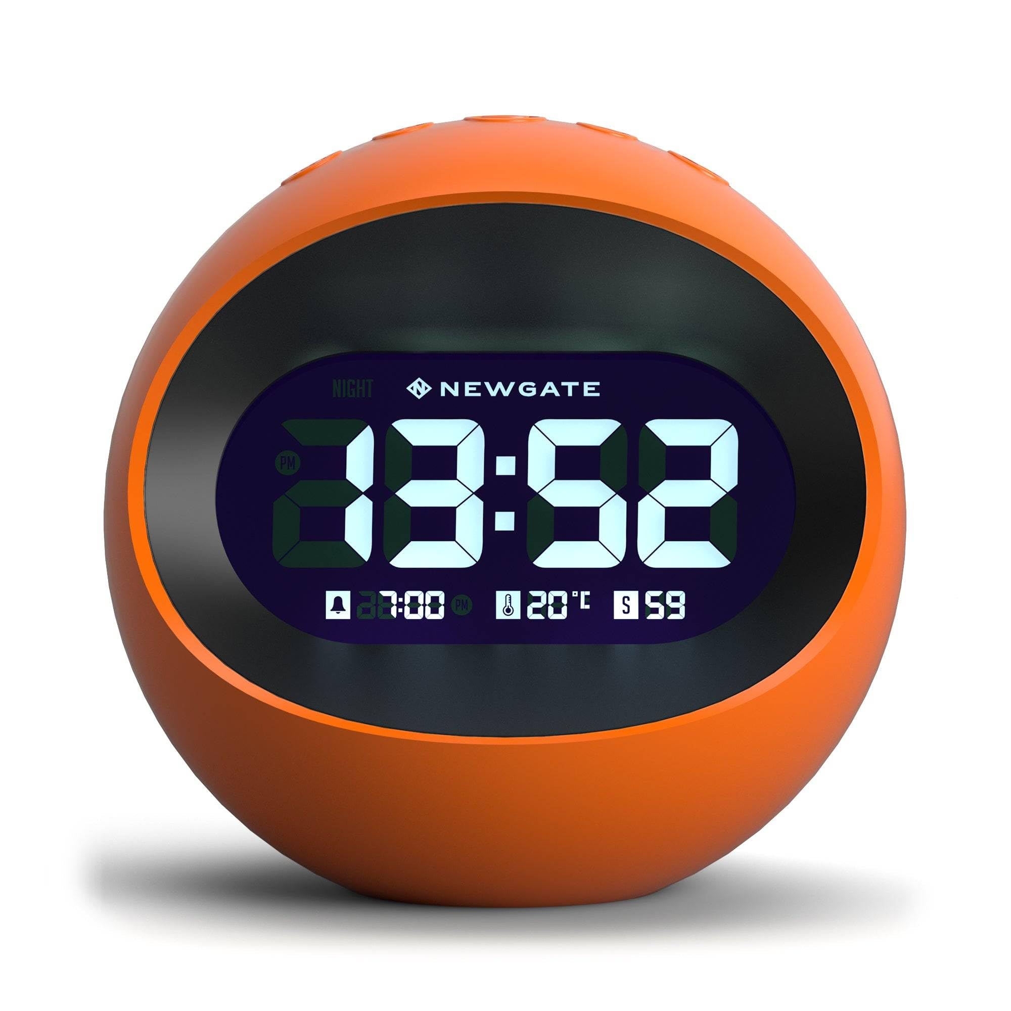NEWGATE® Centre of the Earth alarm clock | Round retro digital LCD clock | Orange | Ideal for bedside, desk or shelf | Retro bedroom & office accessory