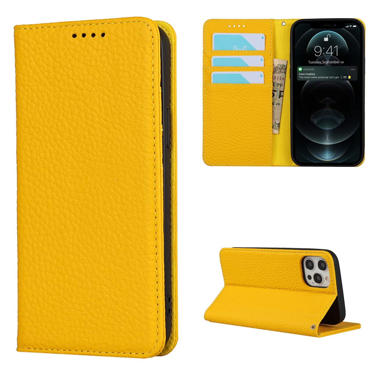 Copmob Phone Case iPhone 12/12 Pro,Flip Genuine Leather Wallet Case,[4 Slots][Magnetic closure][With Lanyard],Protective Cover Case for iPhone 12/12 Pro - Yellow