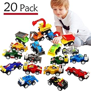 Funcorn Toys Pull Back Car, 20 Pcs Assorted Mini Truck Toy and Race Car Toy Kit Set, Play Construction Vehicle Playset Educational Preschool for Kids Children Party Favors Birthday Game Supplies