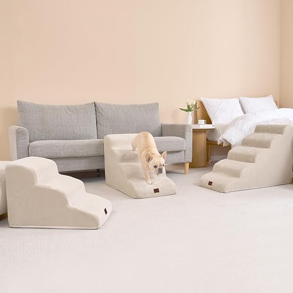 EHEYCIGA CURVED DOG STAIRS RAMP FOR HIGH BEDS 19.7″ H, 4-STEP DOG STEPS FOR SMALL DOGS AND CATS, PET STAIRS FOR HIGH BED CLIMBING, NON-SLIP BALANCED PET STEP INDOOR, BEIGE