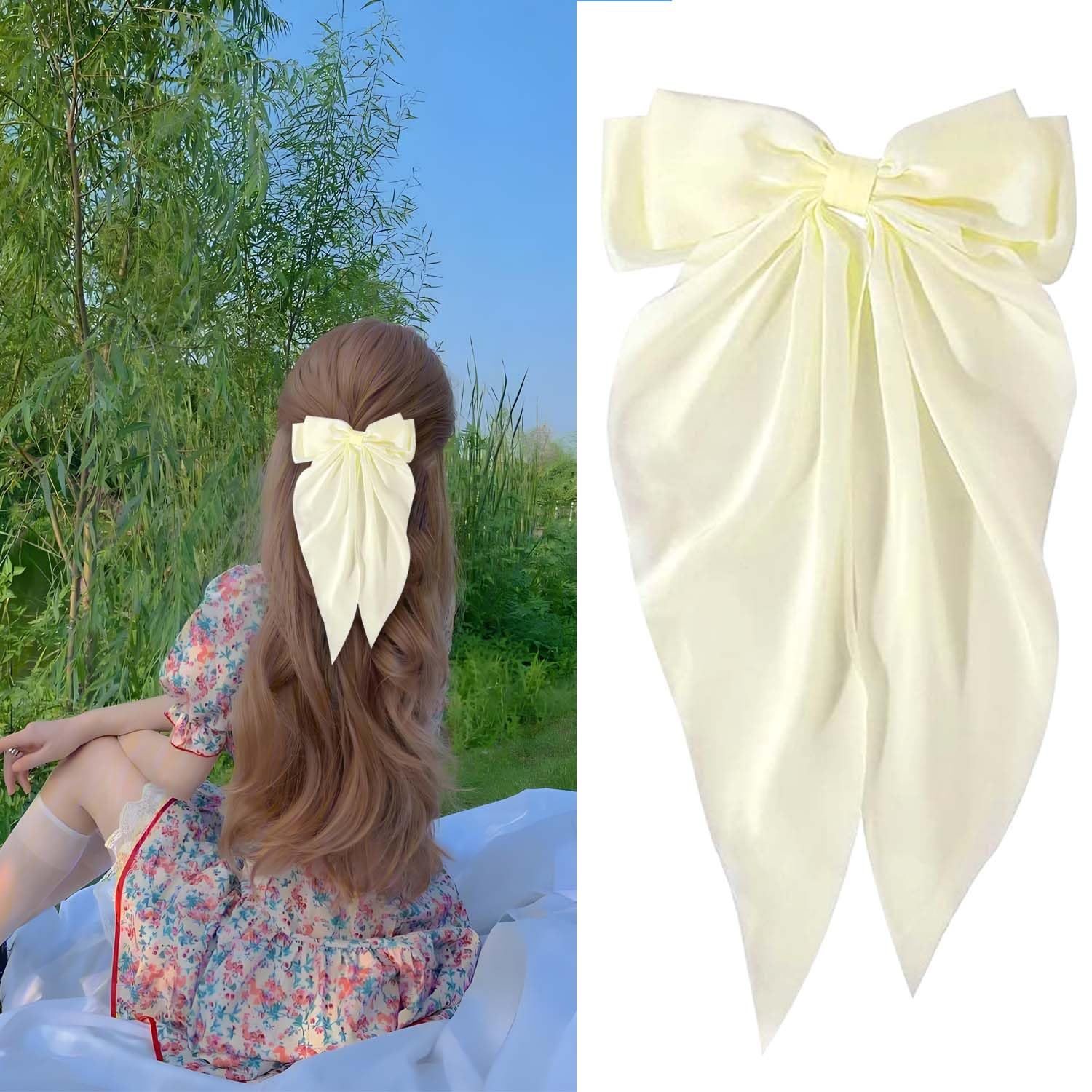 Bow Hair Clip, Hair Bows for Women Big Bowknot Hairpin French Hair Clips with Long Ribbon Solid Color Barrette Clips for Women Girls(creamy-white-1pc) — image 1