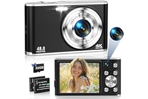 TEBNGIHNM Digital Camera 4K 48MP Autofocus Vlogging Camera with Rear and Front Camera for Photography, 16X Digital Zoom Point and Shoot Cameras with 32GB Card & 2 Batteries Camera for Boys Girls Kids - Black