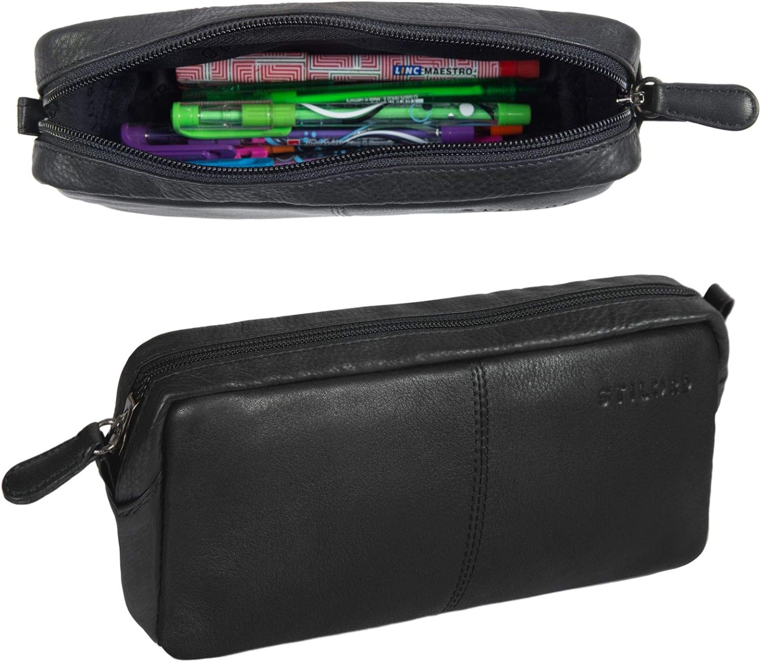STILORD 'Spencer' Vintage Leather Pencil Case - Zipper Pouch - Organizer Roll-Up Pouch - Pen Case Genuine Leather, Colour:Black - Image 3