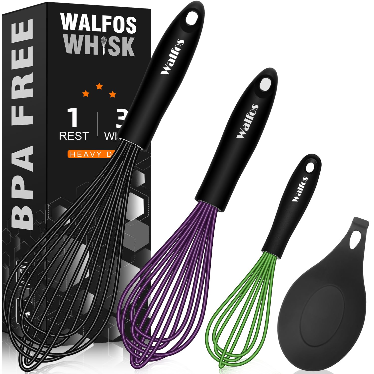 Walfos Silicone Whisk With 8in Rest,Whisks for Cooking Non Scratch,7.5+9+11in Whisk for Nonstick Cookware,Dishwasher Safe,Rest for Kitchen Counter Wisk Perfect for Blending, Baking, Beating, Set of 4