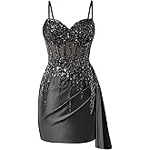 MYDRESS Beaded Homecoming Dresses 2026 Satin Spaghetti Strap Mini Prom Cocktail Gown