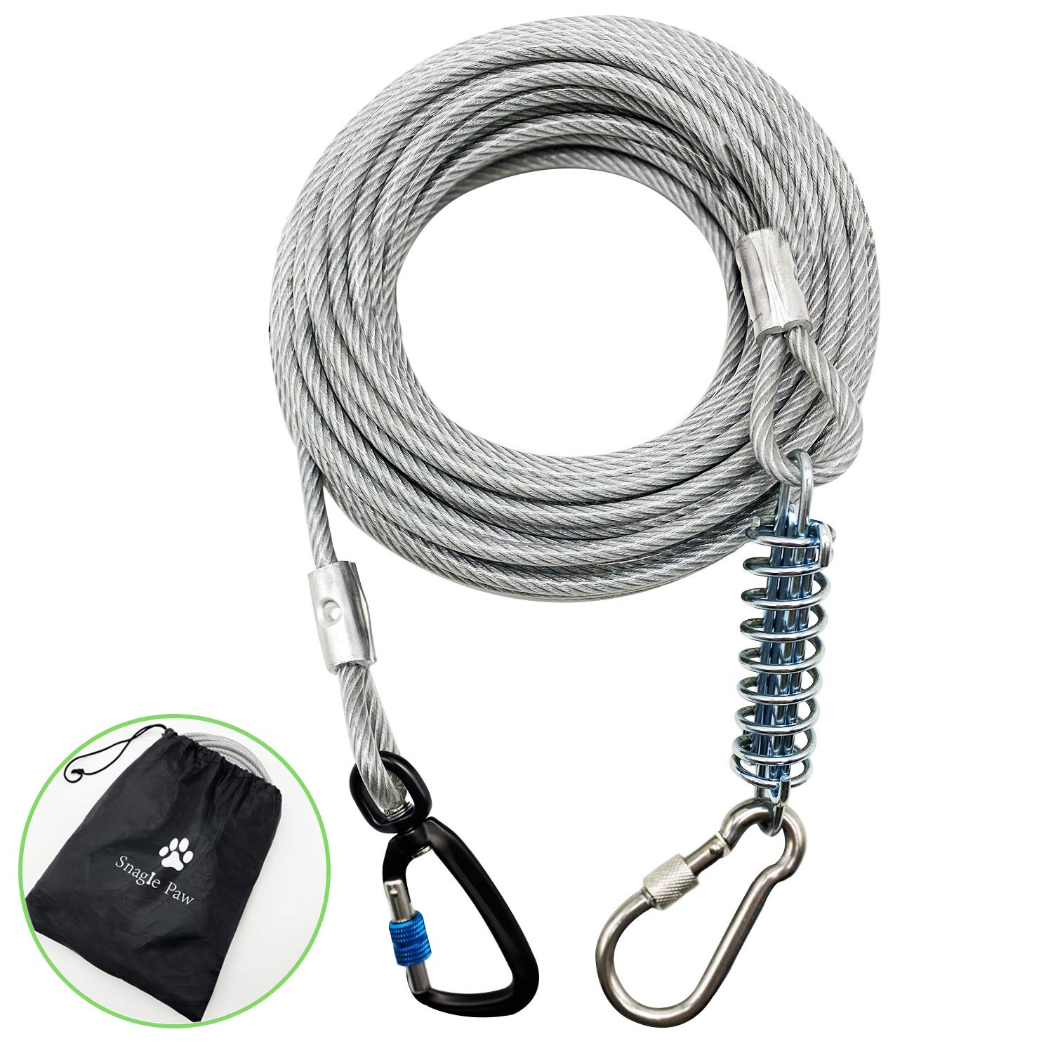 Snagle Paw Extra Solid Dog Tie OutCable with Shock Absorbing Spring Durable and Lightweight Swivel Hook for Yard and Camping,Rust-Proof Leash for Medium to Large Dogs Up to 250lbs,30ft(15.24M)