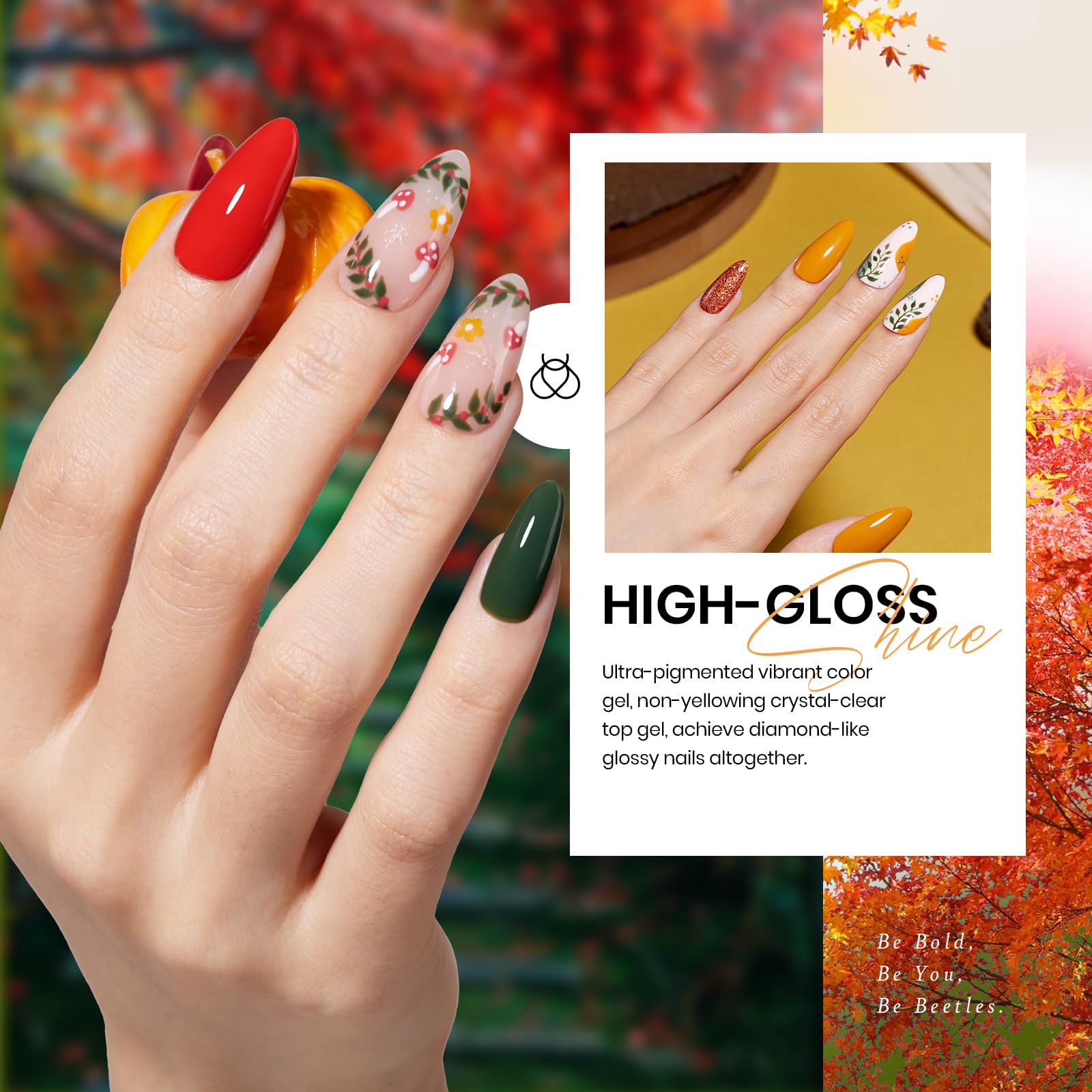 Beetles Gel Polish Nail Set 20 Pcs Fall Winter Colors Orange Red Navy Blue Glitter Fall Yard Collection Soak Off LED UV with Gel Base and Top Coat Nail Art Manicure Gift for Girls Women - Image 4