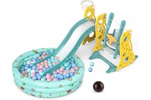 AMICTOY Toddler Slide and Swing Set, 5 in 1 Kids Climber Slide Playset for Toddlers Age 1-3, Freestanding Baby Slide Indoor Outdoor Playground with Basketball Hoop, Swing and Ball Pool (Blue)