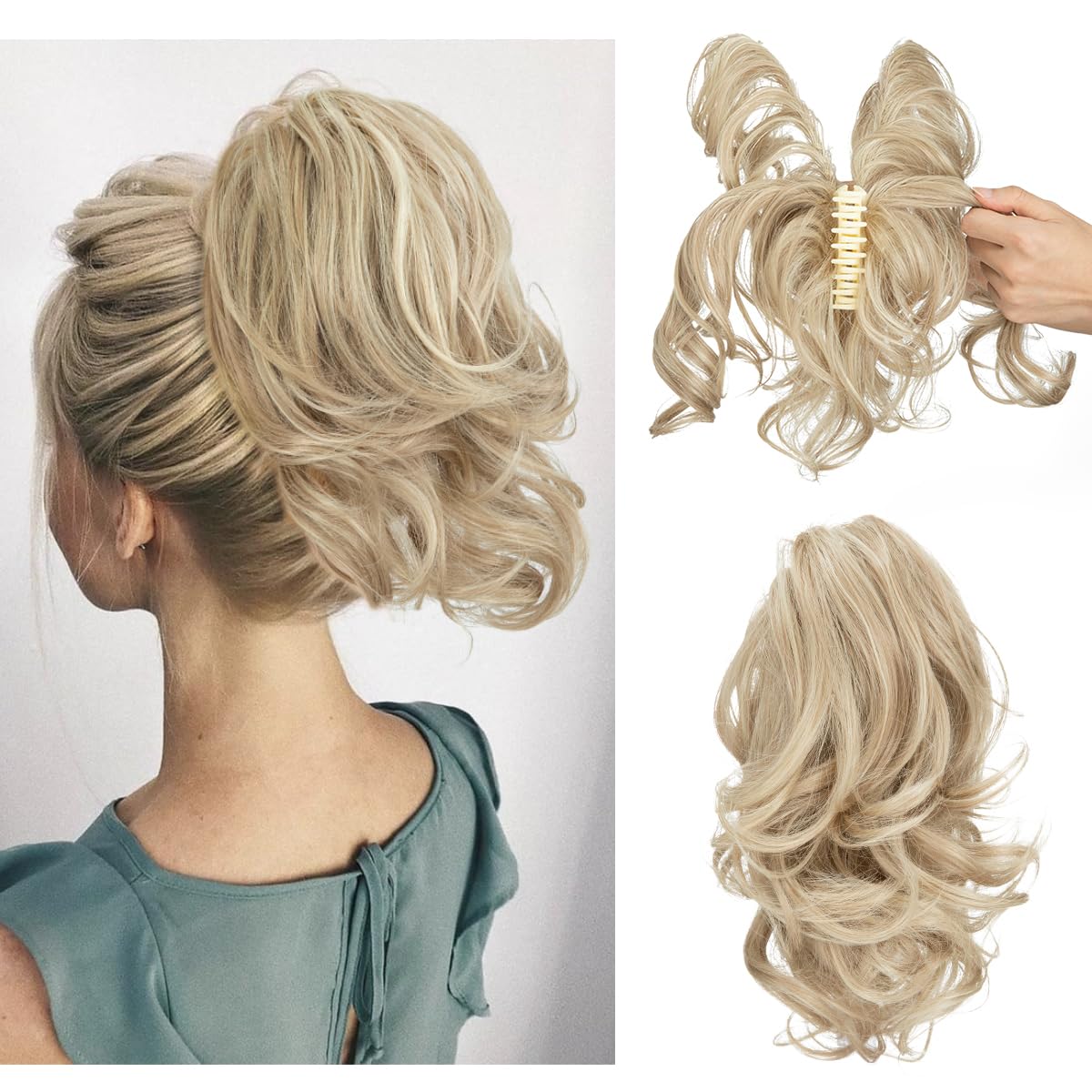 CJL HAIR Claw Clip Short Ponytail Hair Extensions DIY Bendable Metals Messy Bun Hair Piece for Wonen Wavy Curly Synthetic Fake Hairpieces Dirty Blonde