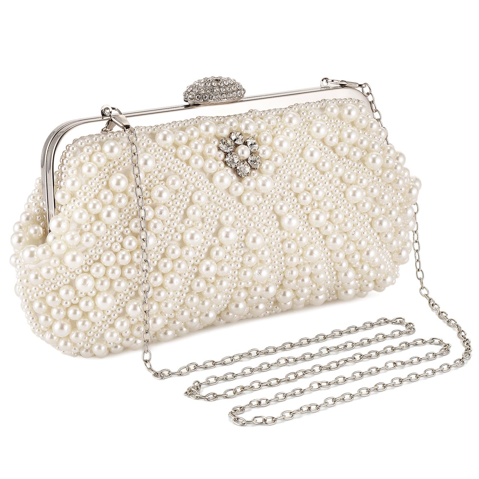 BAIGIO Pearl Clutch Bag for Women Wedding Bride Clutches Purse Vintage Rhinestone Beaded Evening Bag Ladies Prom Party Handbag White