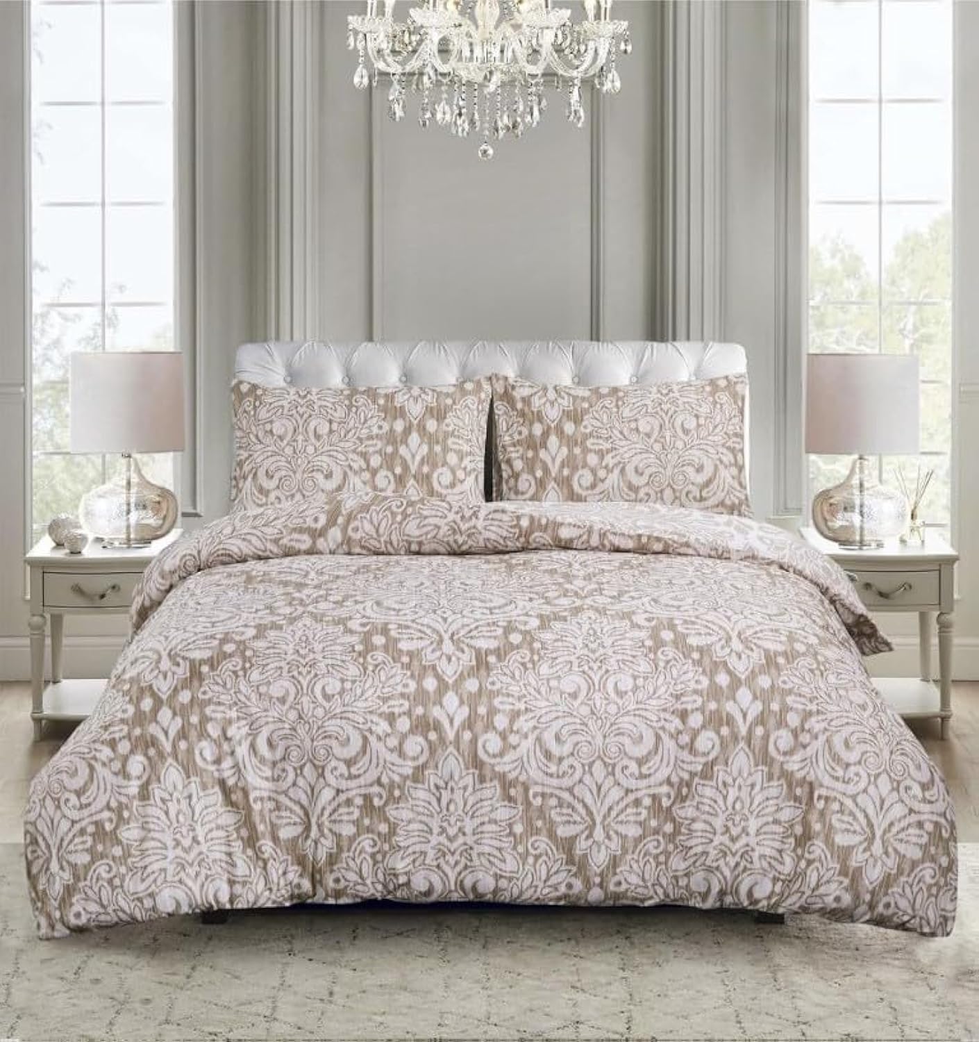 PRIME LINENS Duvet Cover Set 4 Pcs Brushed Microfibre Quilt Cover Bedding Set With Pillow Cases and Extra Fitted Sheet Included (Royal Damask Beige, Super King)