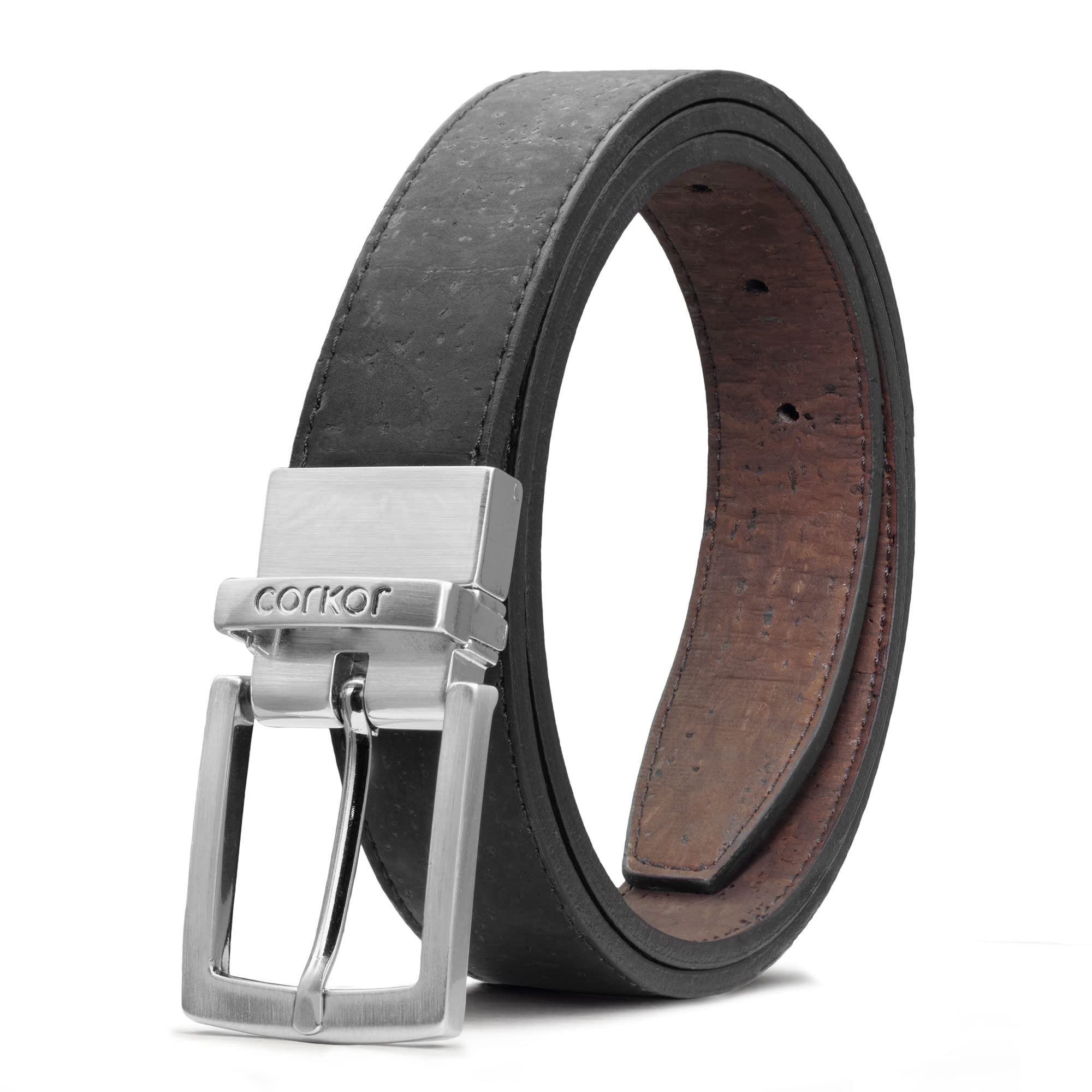 Corkor Vegan Leather Belt Cork Reversible | 1 1/8 Inch (30 mm) Wide Brown Black Color Large Size