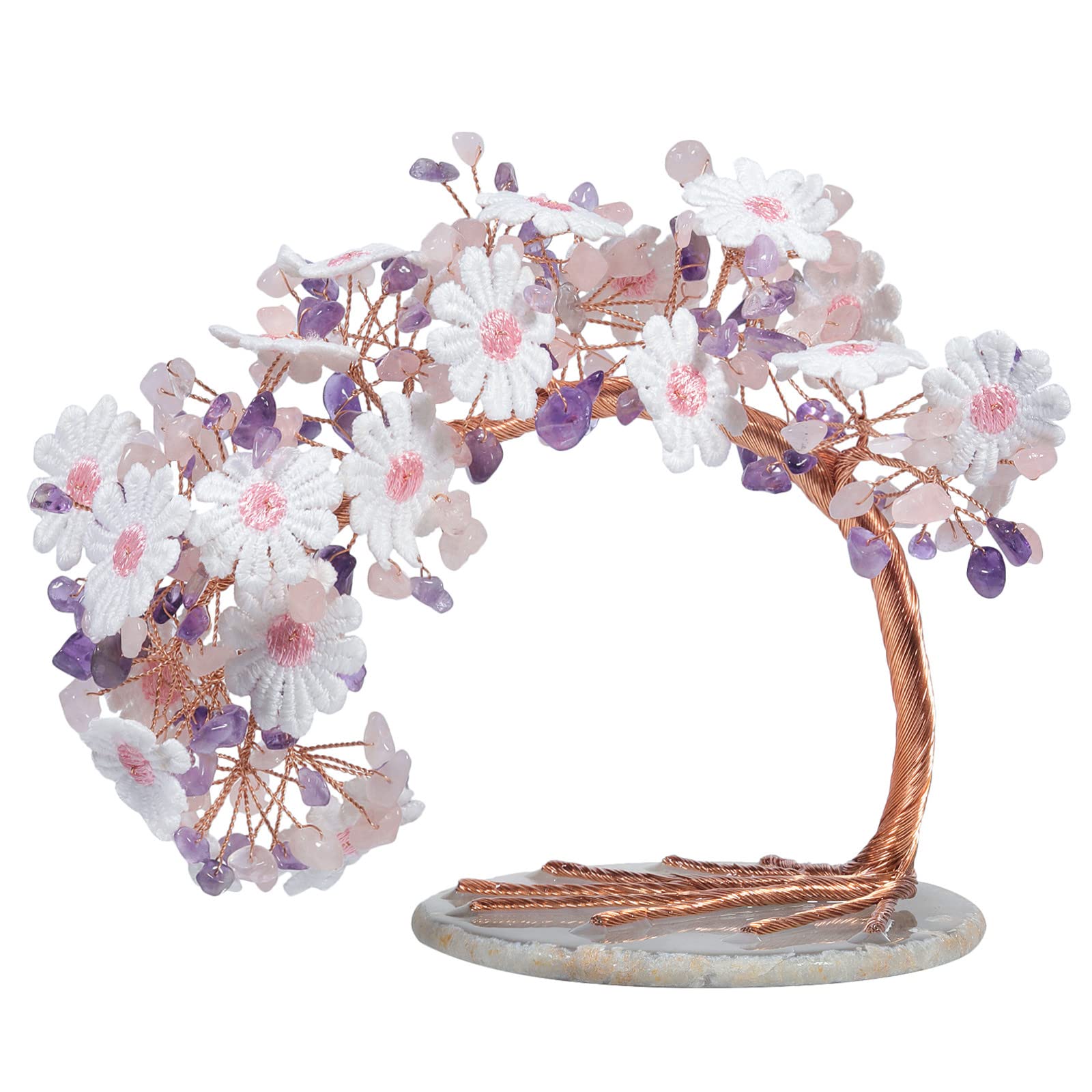 Nupuyai Amethyst & Rose Quartz Crystal Money Tree with Rock Crystal Cluster Base, Good Luck Fengshui Figurine Healing Stone Tree Ornament for Home Office Decor