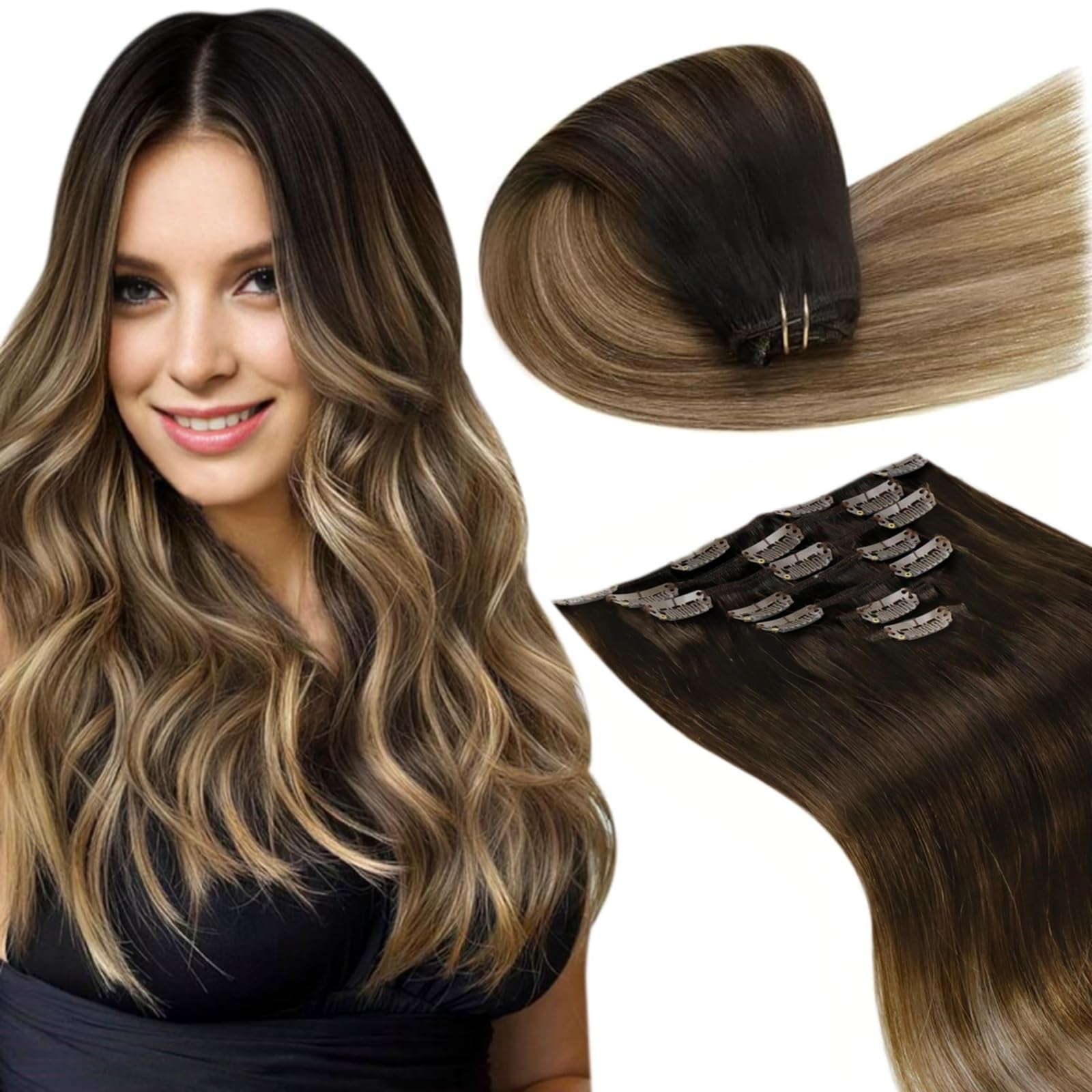LaaVoo Clip in Hair Extensions Real Human Hair Dark Brown Hair Extensions Clip in 22 Inch 120g 7pcs Full Head Straight Balayage Dark Brown to Blonde Remy Hair Double Weft #2/6/18 — image 1