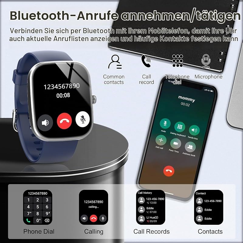 Smartwatch Damen Herren, 1,91" HD Touchscreen Smart Watch mit Telefonfunktion, 112+ Sportmodi Sportuhr, IP68 Wasserdicht Fitnessuhr mit Schrittzähler/Herzfrequenzmonitor/Schlafmonitor Stahlblau