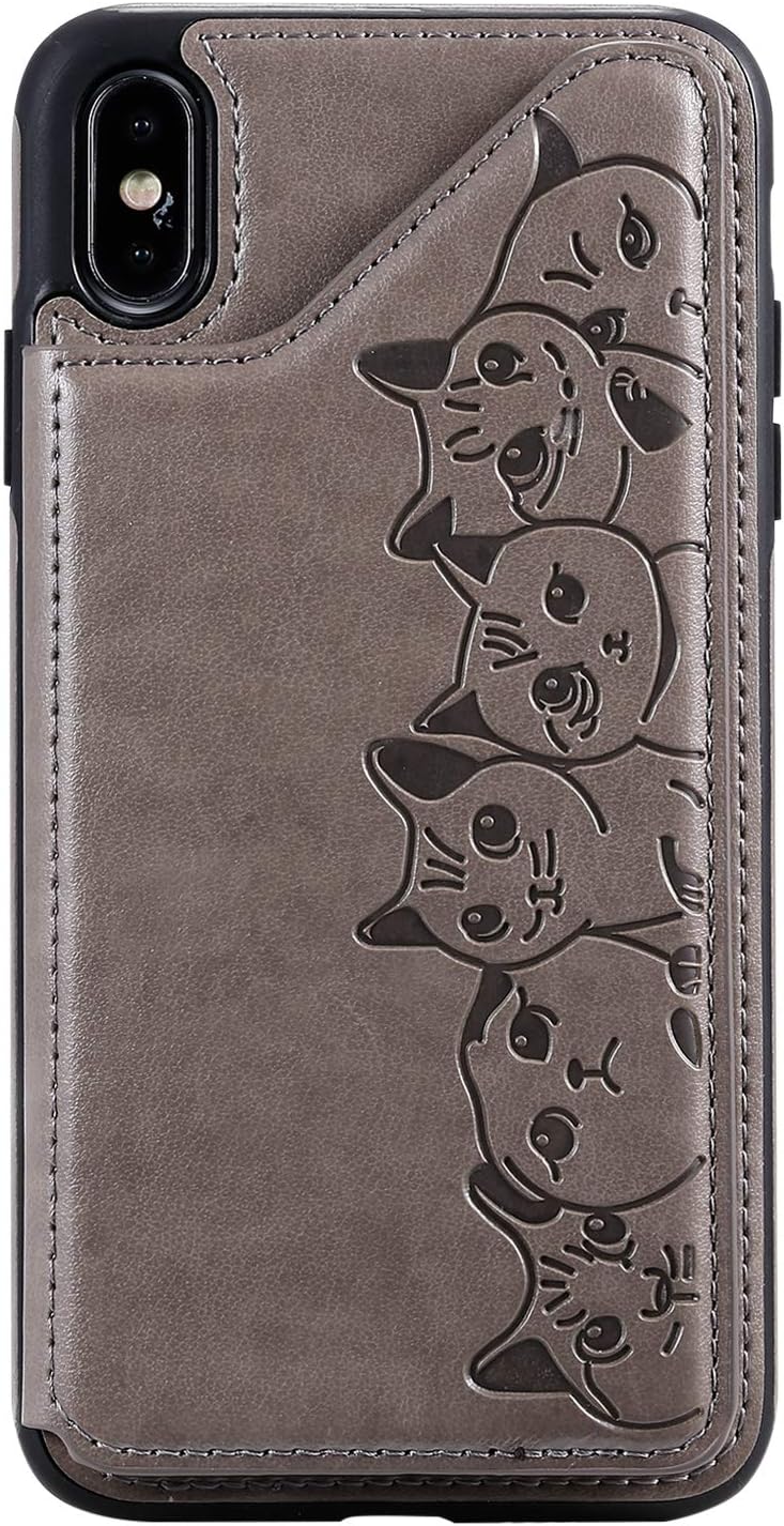Fatcatparadise for iPhone XS Max Case [Free Screen Protector], Elegant Pressed Cute Cat Kickstand Premium PU Leather Wallet Ultra Slim Fit Cover for Apple iPhone XS Max (6.5 Inches) (Gray)