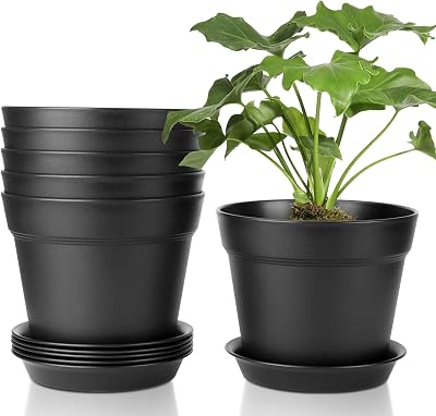 T4U 17cm Plastic Plant Pots 6-Pack with Saucers Black