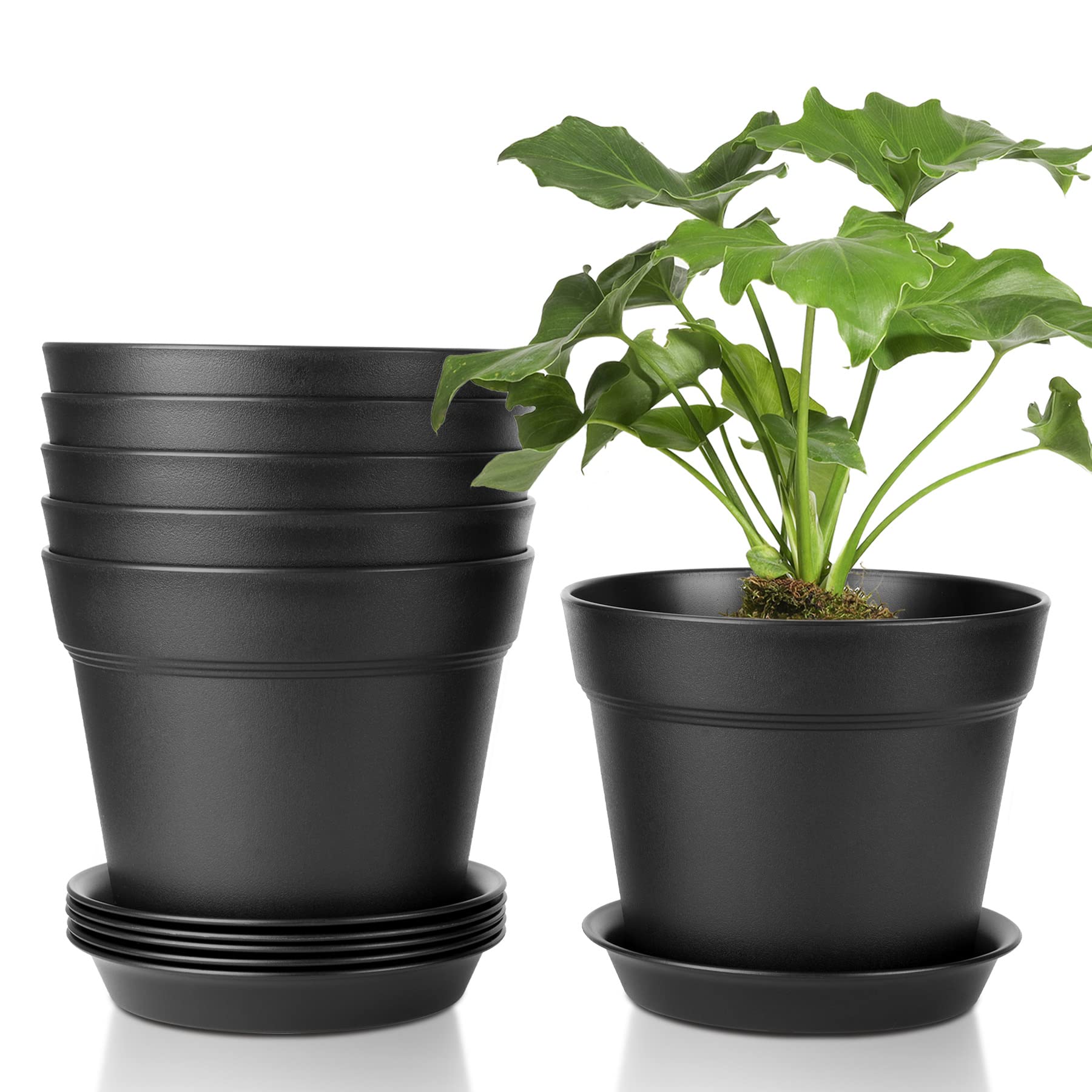 T4U 17CM Plastic Plant Pots 6-Pack, Large Flower Planter with Drainage Hole and Saucer, Classic Indoor Outdoor Black Plant Pots for Orchid, Penoy, Rose, Snake Plant, Aloe, Tulips, Peace Lily