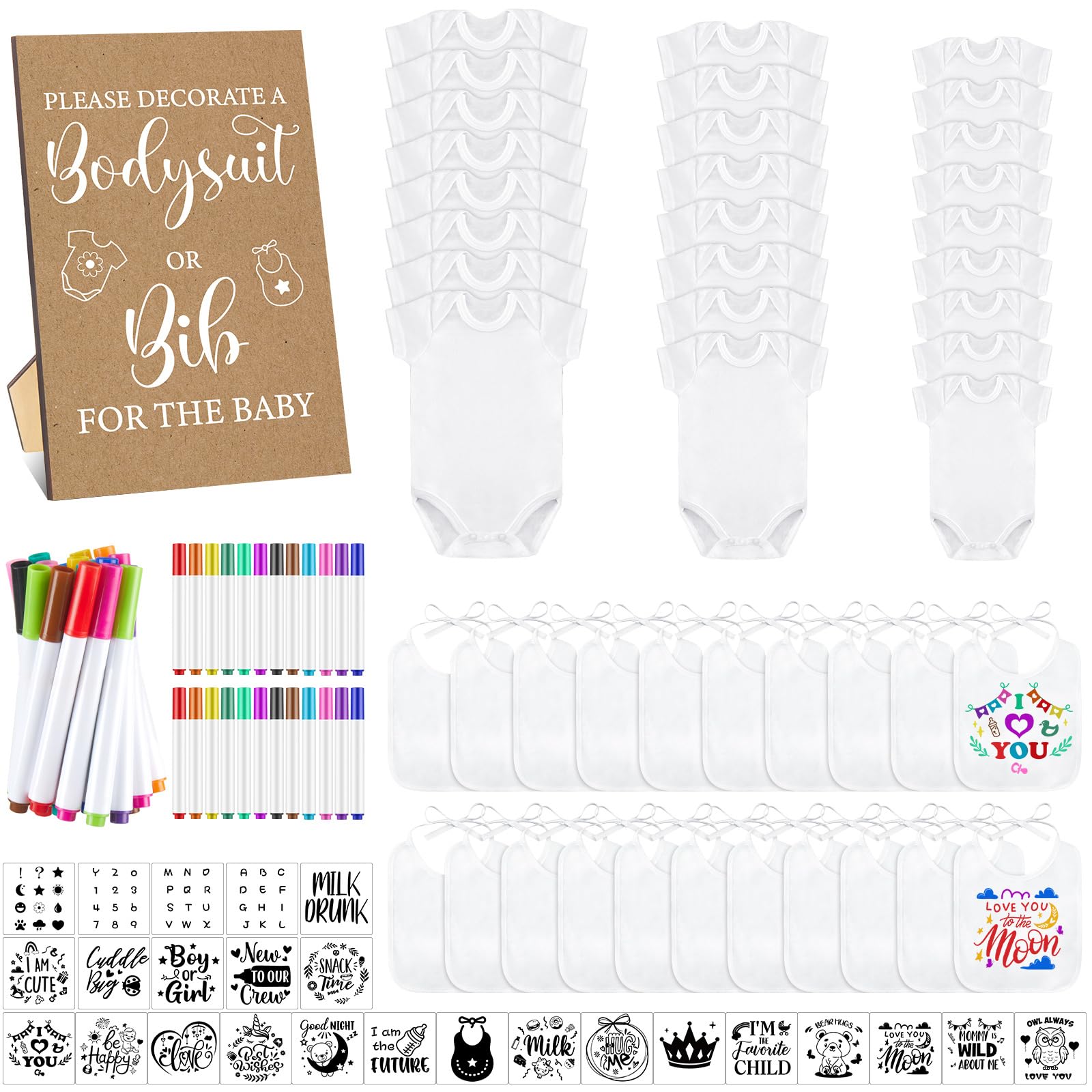 Photo 1 of Panitay 100 Pcs Blank Bib Bodysuit Baby Shower Set Baby Shower Sign Blank Feeder Bib DIY Bodysuit Fabric Colorful Marker(Retro)