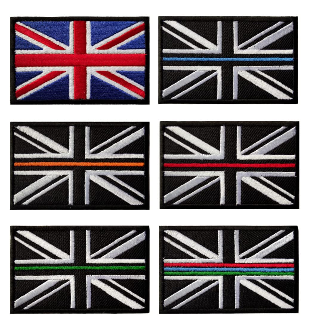 6 Pack Tactical Thin Blue Line/Red/Green UK Flag Patch Military Great Britain Embroidered Applique British Union Jack Hook and Looped National Emblem Badge for Clothes Bags Backpack Vest