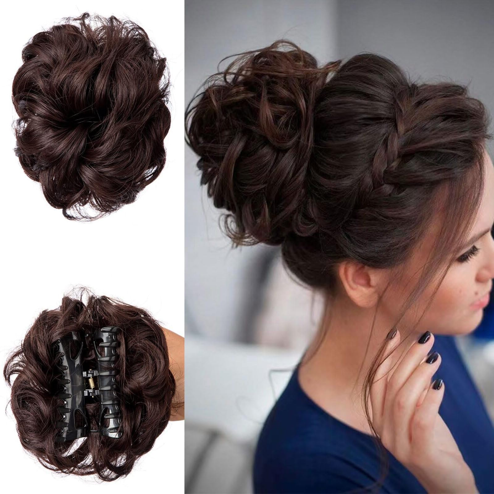 CVNRCLP Large Claw Clip Messy Bun Hair Piece - Wavy Curly Synthetic Tousled Updo Extensions for Women (Dark Brown) - Claw Chignon Ponytail Scrunchie Hairpiece