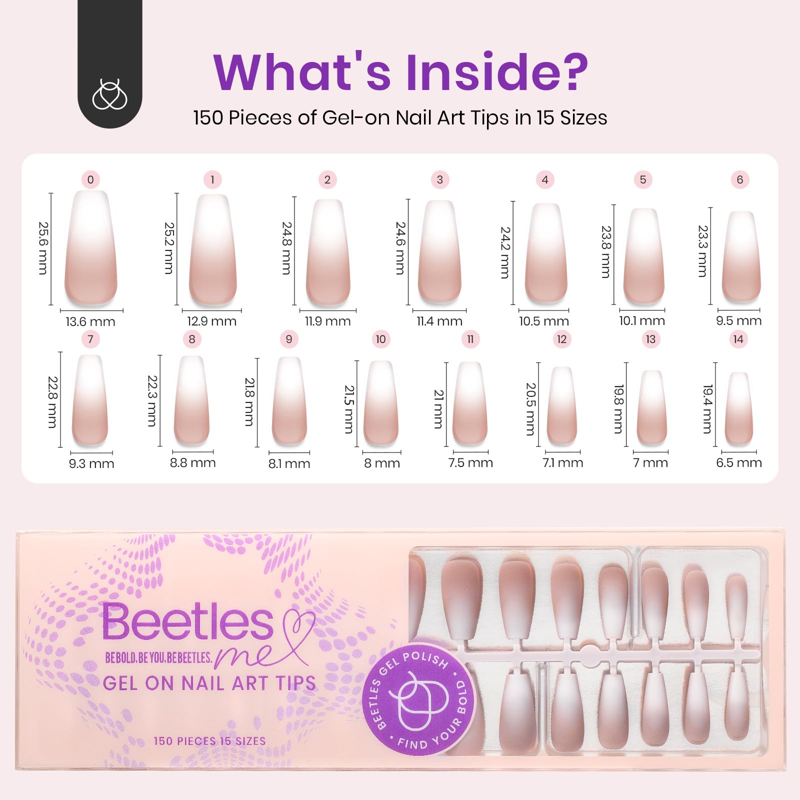 Beetles Press on Nails- 150 PCS 4 in 1 Ombre Gel Nail Tips Rosy Brown Medium Coffin Press ons Pre-applied Primer & Base Coat Glue on Nail Tips, No Need to File Fake Nails DIY Nails Gift for Women - Image 6