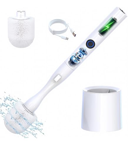 HKFIF Electric Toilet Brush Set - Rechargeable, 2 Speeds, 360° Spin Cleaning With Suction Cup Base (White)