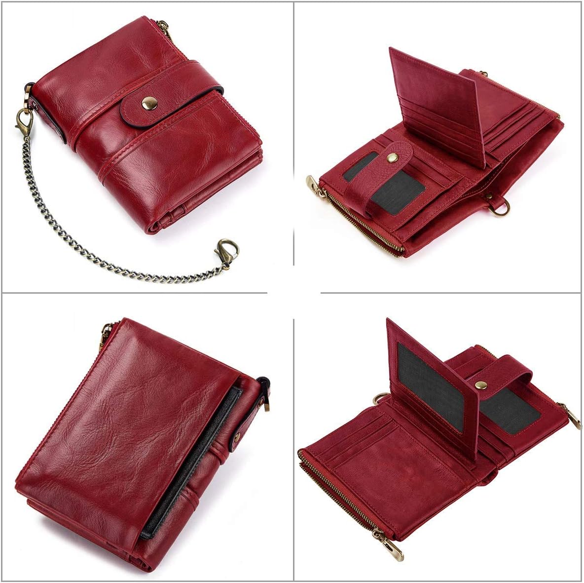 Women's Wallet Purse RFID Blocking Genuine Leather Ladies Purses with Chain Multi Compartment Purses for Women with Double Zip Small Bifold Ladies Wallets with Coin Pocket 16 Card Holder (Red) - Image 4