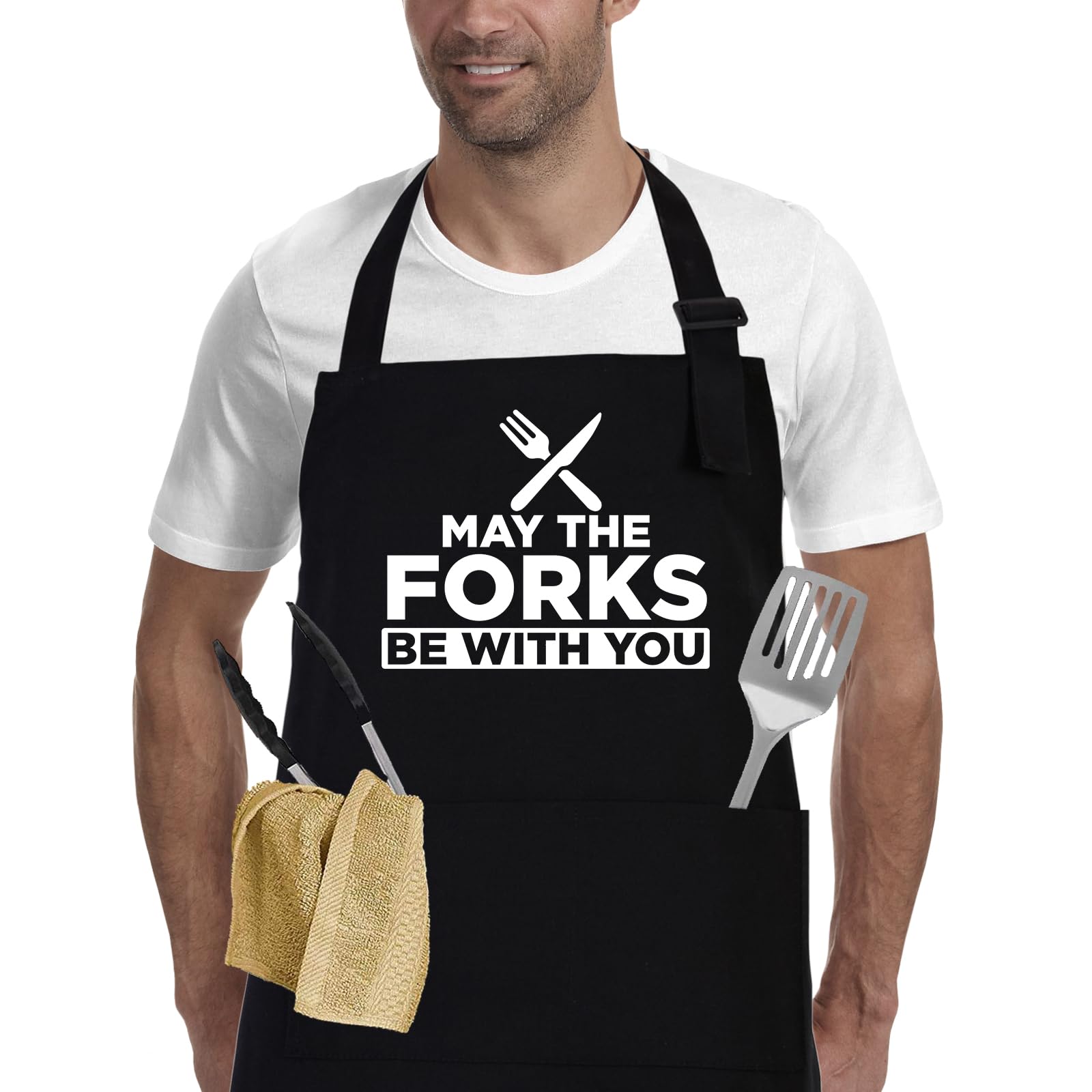 Mens BBQ Grilling Kitchen Aprons-May The Forks Be with You, Novelty Funny Cooking Apron for Movie Fans, Black Chef Apron, Christmas Gifts for Him, Men, Husband, Boyfriend, Son