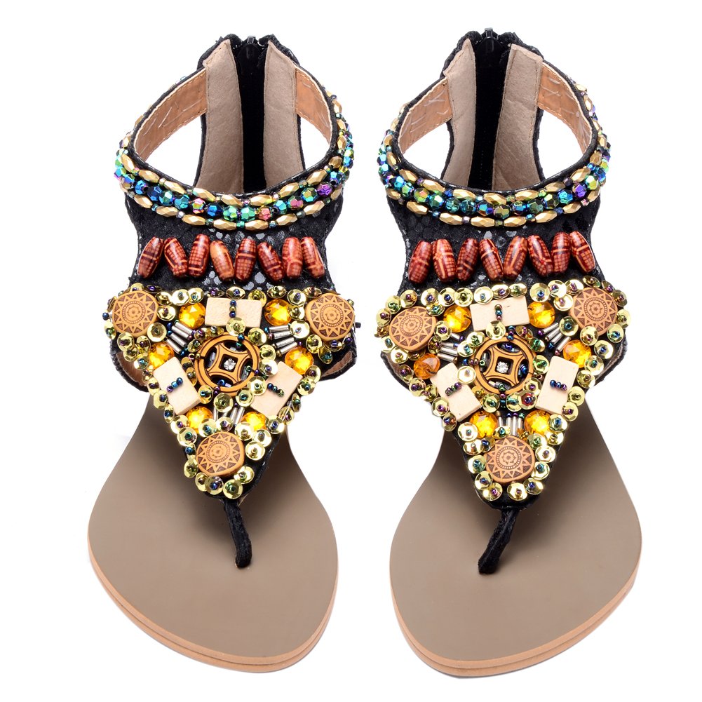 Odema Summer Bohemian Colorful Beaded Snake Pattern Flat Womens Beach Thong S. Black - Image 7