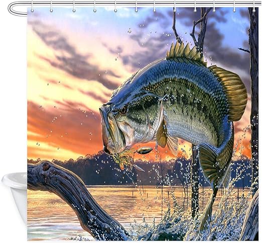 Amazon Com Nymb Fishing Shower Curtain Bass Fish With Hook Out