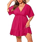Daci Plus Size Swimsuit Cover Ups - V Neck Bathing Suit Women Short Sleeve Beach Dress