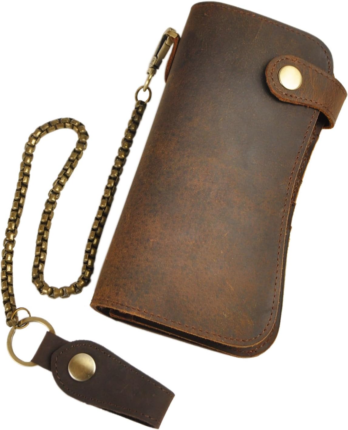 Le'aokuu Mens Genuine Leather Bifold Wallet Organizer Checkbook Iron Chain 1088 Brown