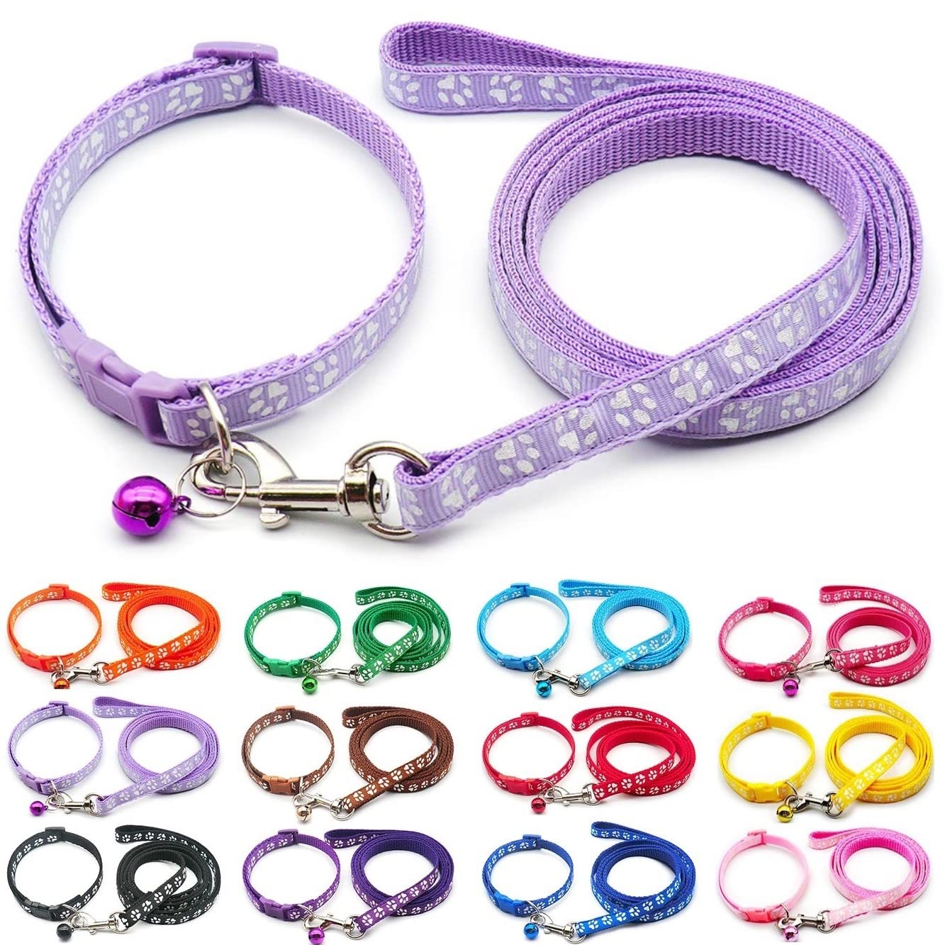 Small Dog Puppy Pet Collar and Lead Set Pawprint Design Nylon Adjustable Size 19-32cm Collar with Bell and 120cm Leash Lilac Violet Light Purple