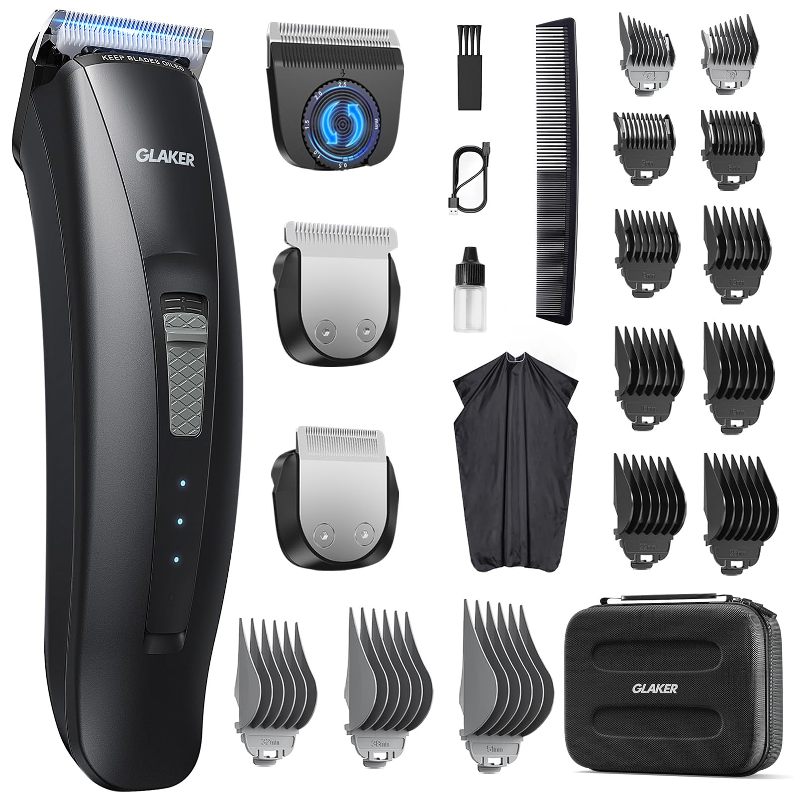 GLAKER Hair Clippers for Men - Cordless 3 in 1 Versatile Hair Trimmer with Extra Long Guards, Detachable Blade & Storage Bag, Complete Mens Grooming Kits, Ideal Gifts for Men