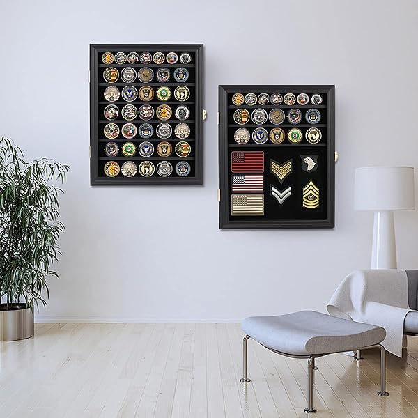 VERANI MEDALS DISPLAY CASE WALL FRAME FOR COLLECTOR, MILITARY CHALLENGE COINS HOLDER, PINS, LOCKABLE SHADOW BOX WITH REMOVABLE SHELVES BLACK