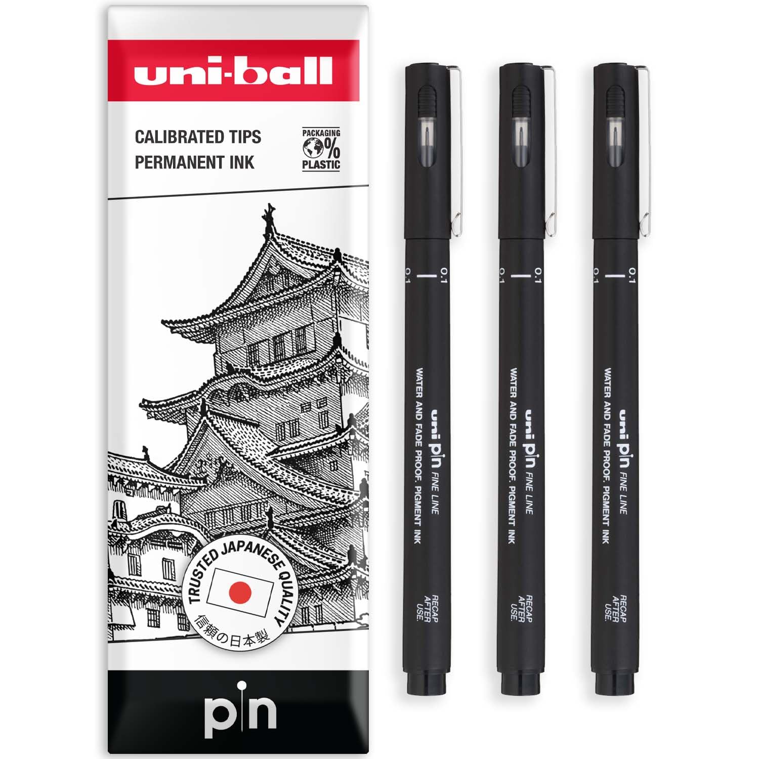 uni-ball PIN Fineliners | Black Fine Tipped Writing Pens | Water & Fade Resistant Ink | Ideal for Sketching, Scrapbooking, Outlining, Art, Technical Drawing | In Envelope (Pack of 3, 0.1mm)