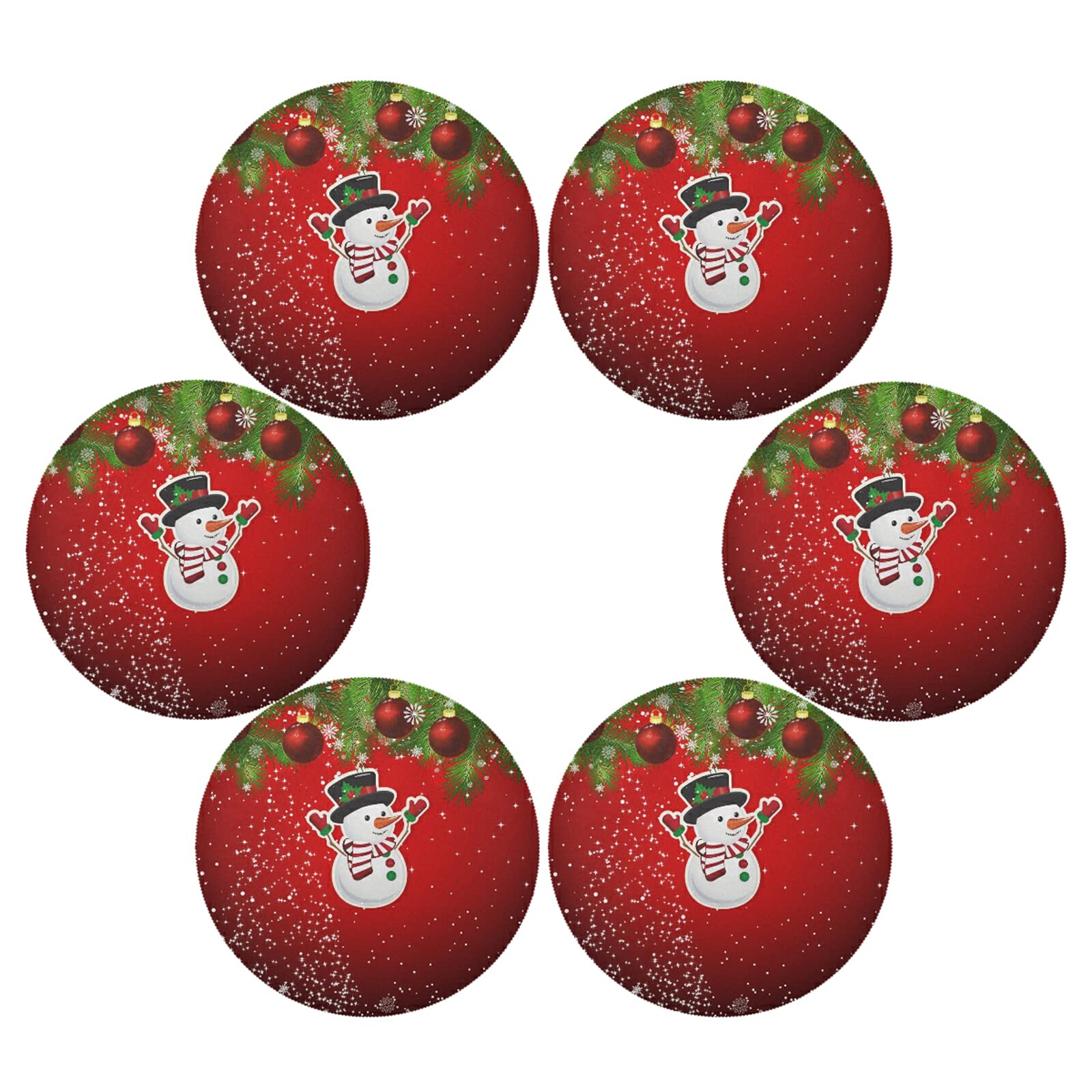 Christmas Placemats, Red Christmas Snowman Round Placemats Set of 6 for Kitchen Table Washable Kitchen Table Mats Place mats