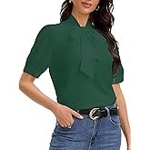 MISMI Women's Bow Tie Knot Mock Neck Short Sleeve Button Down Shirts Dressy Casual Office Work Blouses Tops