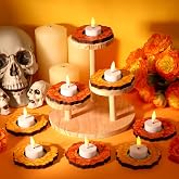 12 Pcs Day of The Dead Dia De Los Muertos Wooden Marigold Candle Holders | 3.8 x 3.9'' Dia De Los Muertos Candle Holders, Memorial Table Decor for Day of The Dead Home Tea Light Alter, Halloween Decor