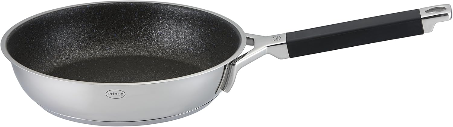 RÖSLE SILENCE Bratpfanne, Pfanne mit kratzfester Antihaftversiegelung ProResist mit Silikongriff, 28 cm, PFOA frei, Edelstahl 18/10, Spülmaschinengeeignet